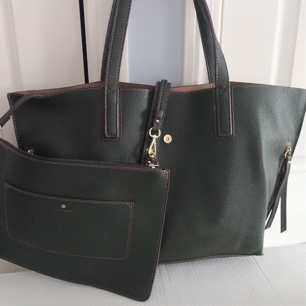 Travanti Pebble Faux Leather Olive Green Tote large with Pouch - Picture 2 of 10